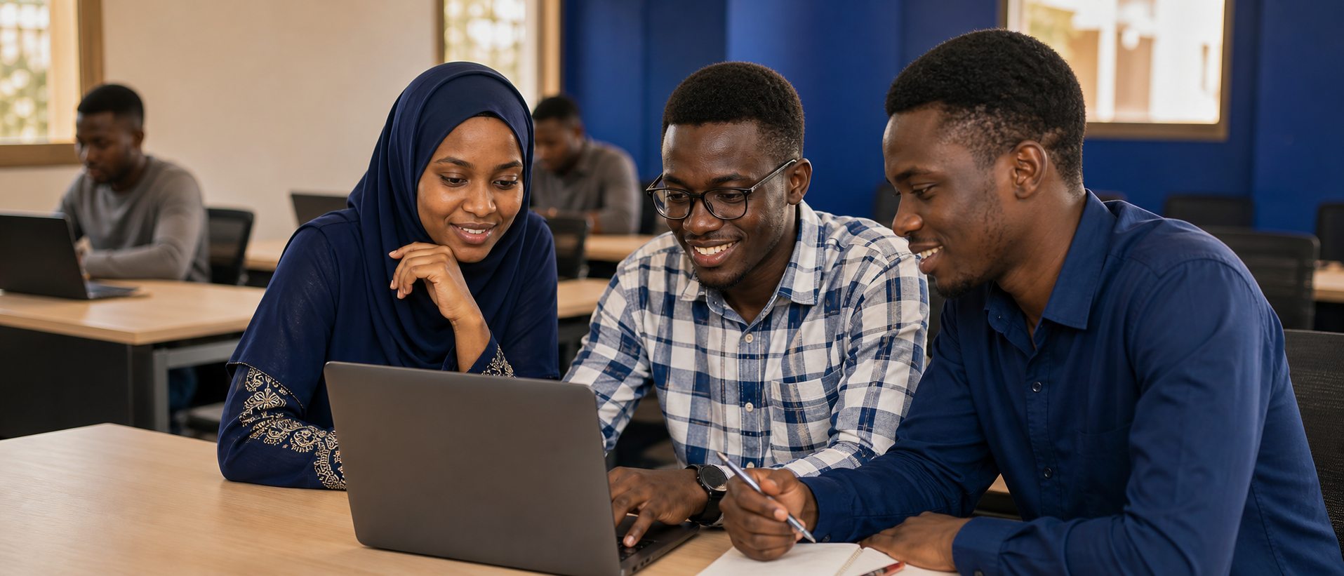 Étudiants collaborant autour d’un ordinateur pendant une formation numérique